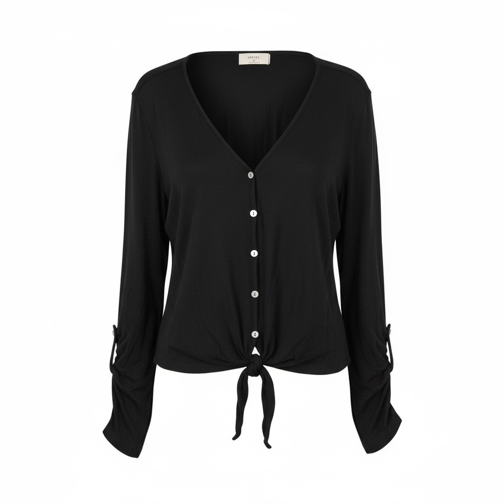 IVOIRE Black Button-Dow Shirt with Tie Detail